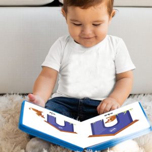 baby reading Opposites Arabic children's Book by Liblib publishing.